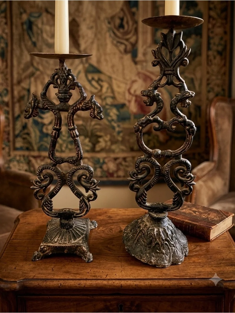 Pair of antique-style cast iron candle holders